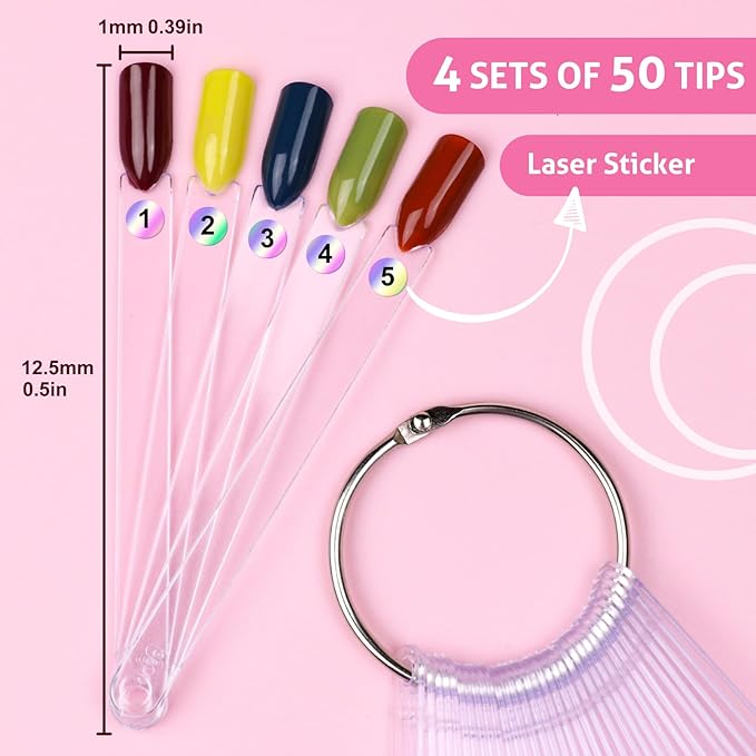 Subay 200 Pcs Nail Swatches Sticks with Number Stickers, Fan-Shaped Practice Nail Art Tips Sticks for Nail Polish Display, Nail Color Swatches Tools with Metal Split Ring for Gel Manicure Home Salon