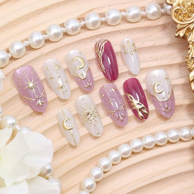 30Pcs Almond Press on Nails Medium French Tip Fake Nails with Moon Star Rhinestone Design Bohemian Artificial Acrylic Nails Full Cover Glitter Pink False Nails 3D Gold Chrome Glue on Nails for Women