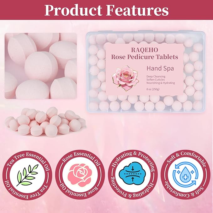 Manicure Spa Balls 8oz -Rose Soak Balls Moisturizing Tablets Cuticle Soften Bombas Efervescentes Para Pedicure Spa Nail Supplies Tools for Hand Soak Pedicure Soak Nail Care Nail Salon（80count）