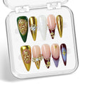Handmade Press on Nails French Tip False Nails with Golden Little Angel Design - Luxury Gold Vintage 3D Rose Bow Full Cover Reusable Medium Almond Acrylic Nail Tips Thicked Stick on Nail for Women (S)