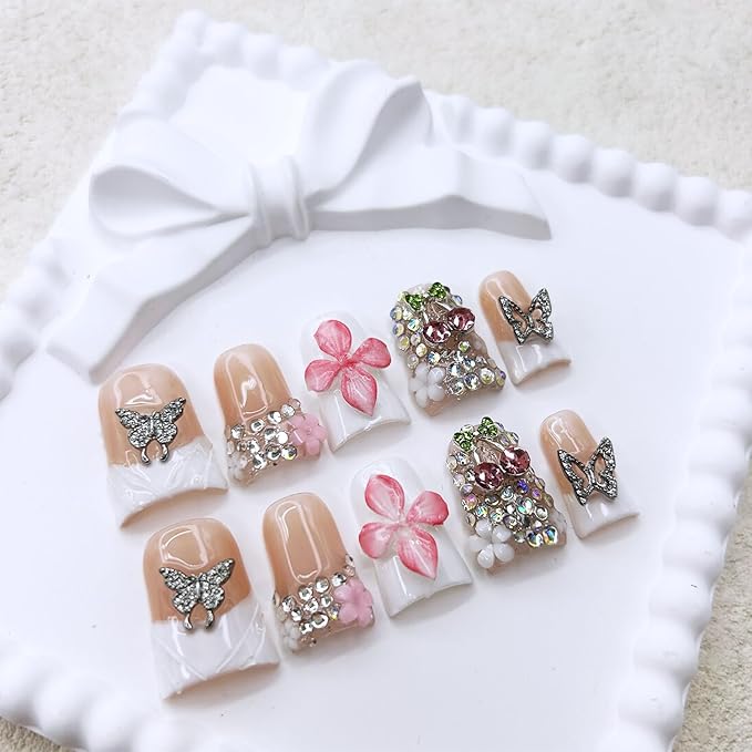 10 Pcs Handmade Press on Nails with Glue，3D Butterfly Duck False Nails Gradient Flowers Sparkly Artificial Glossy Colorful Rhinestones Designs French Tip Fake Nails Acrylic for Women Girls DIY（Size M)