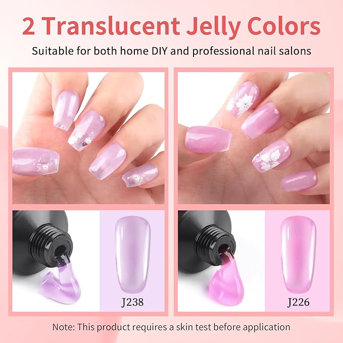 BQAN Poly Nail Gel, 2 Jelly Colors Poly Extension Gel (30ml) with Slip Solution & Brush | Non-Lifting Low Odor | for Nail Builder Pro Salon & Home DIY - Jelly Pinkish Purple, 1 Oz/Pack (Pack of 2)