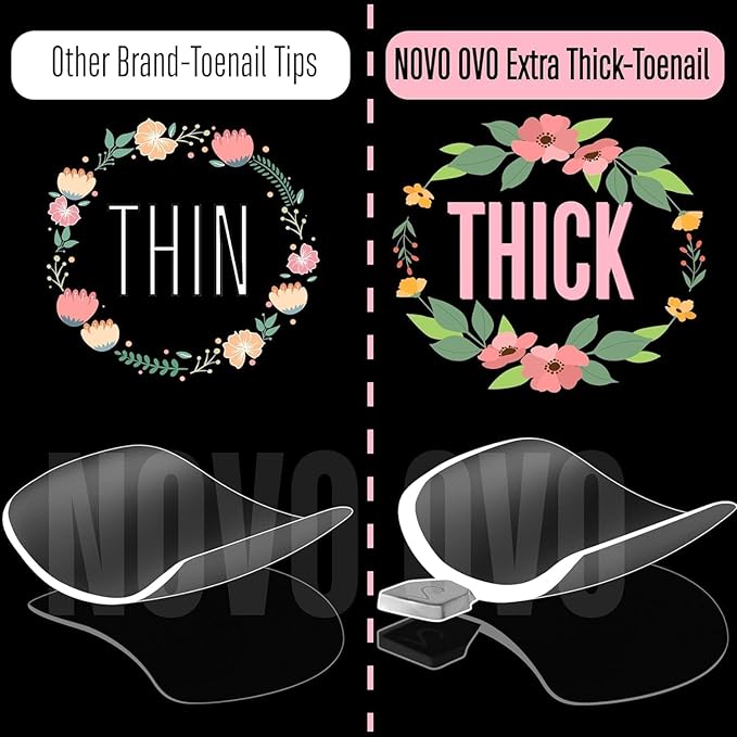 NOVO OVO Thick Sculpted Toe Nail Tips Long Tapered Square Press on, Wide Soak off Soft Gel False Toenail Extension, Clear Pre-applied Tip Primer & Base Coat, Full Cover Acrylic DIY 15 Sizes 360 pcs