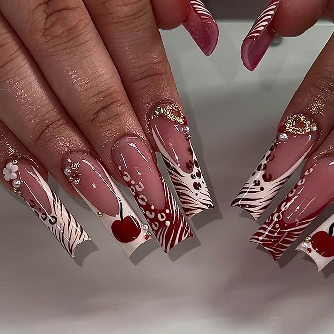 Long Square Press on Nails Xl Fake Nails Red White French Tip Glue on Nail with Cherry and Gold Heart Charm Y2k False Nails Glossy Full Cover Acrylic Nails for Women 24Pcs
