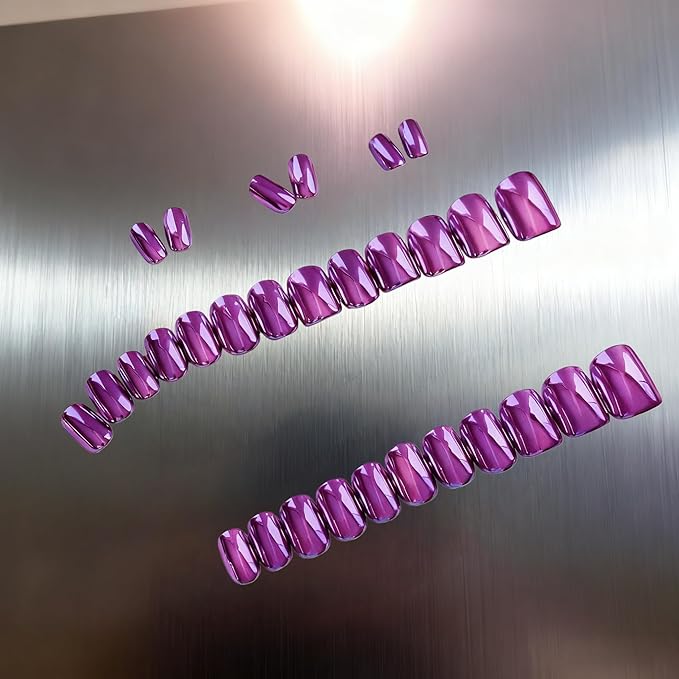 Chrome Press on Nails Short Square, Metallic Purple Fake Nails with a Sparkle Mirror Finish, Glitter Glue on Nails for Women Birthday Party, Thick Quality Soft Gel Nail Press ons 30 Pcs