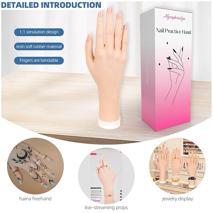 Practice Hand for Acrylic Nails, Flexible Bendable Fake Hand with Adjustable Stand, Nail Training Kit Mannequin Hand for Beginners & Nail Artists (Suction Cup Stand)