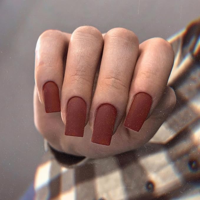 KQueenest Fall Press on Nails Long Medium Square, Matte Caramel Brown Fake Nails Medium Coffin, Opaque Sheer Color Acrylic Nails Press ons, Reusable Soft Gel Glue on Nails for Women DIY Manicure