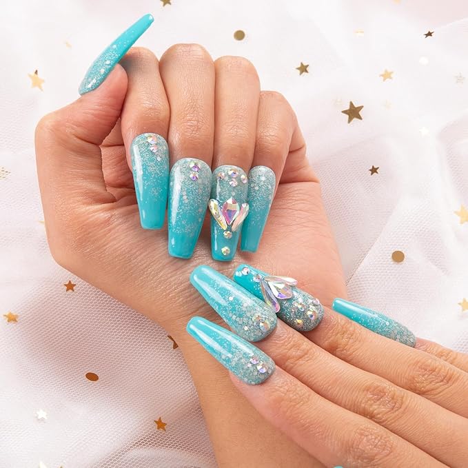 LOVFUL Press on Nails Clubbing Cinderella | Handmade with Full Covered Crystals | Reusable Fake Nails | Coffin Classic Regular 1.3 in | H25-S