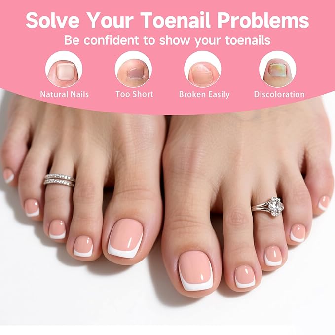 Toe Nail Tips, 240Pcs French Press On Toenails Kit, Nude Square Pre-Designed Soft Gel False Toenail Extension, 12 Size Full Cover Fake Toenail Press Ons for Women