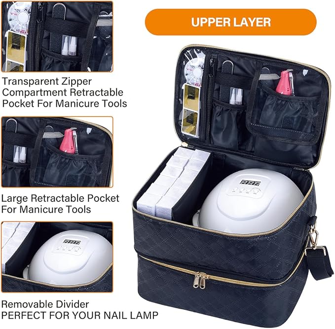 Nail Polish Organizer Case Holds 40 Bottles(15ml/0.5fl.oz) and Nail Lamp, Double Layer Nail Polish Storage with Adjustable Dividers,Portable Carrying Bag for Nail Kit, Manicure Tools Black