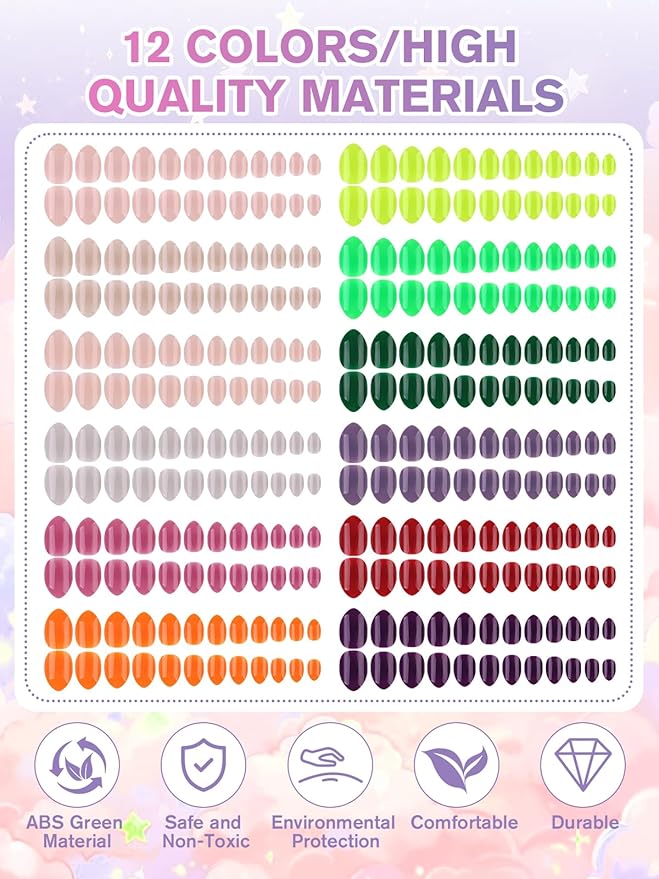 288 Pieces Kids Short Glossy Press on Nails, EBANKU Children False Nails 12 Colors Glossy Acrylic Nails Art Tip for Kids Short Full Cover Fake Nails for Women Girls