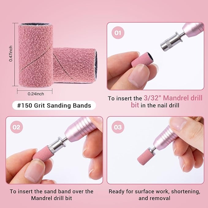 MelodySusie 100 Pcs Nail Drill Bits Sanding Bands for Nail Drill 150 Medium Grit Nail File Sanding Bands for Acrylic Nails Gel Manicures and Pedicure