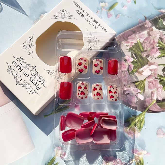 24Pcs Valentines Day Red Heart Press on Nails Short Square Fake Nails with Rhinestones Glossy Designs Artificial Valentines Nails Decoration Full Cover Glue on Nails for Women Acrylic Manicure Salon