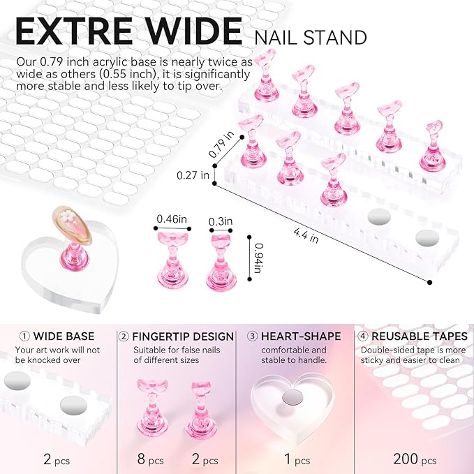 Nail Stand For Press On Acrylic Strong Magnetic Nail Holder Kit For Painting Nails Tip Arts Display With 200PCS Double-Sided Tape And 1 Heart Shaped Acrylic Magnetic Presson Stand (Clear And Pink, Medium)