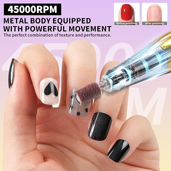 Professional Electric Nail Drill Kit 45000RPM with Bits and Base Yellow Portable Rechargeable Cordless Nail E- File Machine for Acrylic Gel Powder Nails and Manicure Pedicure Toenail Tool Set