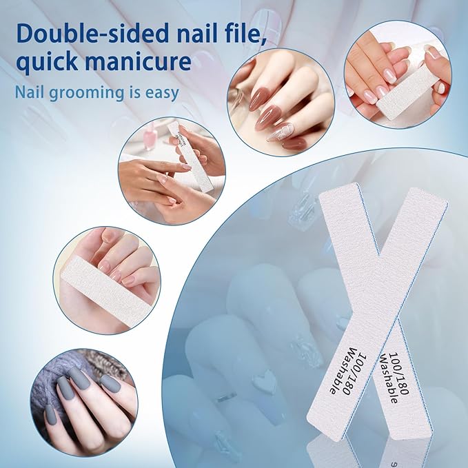 3PCS Professional Reusable Double-Sided 100/180 Grit Blue Nail File