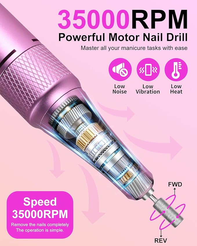 Professional Electric Nail Drill Kit 35000RPM with 14PCS Bits Purple Gold Portable Rechargeable Cordless File Machine for Acrylic Gel Powder Nails and Manicure Pedicure Toenail Tool Salon Set