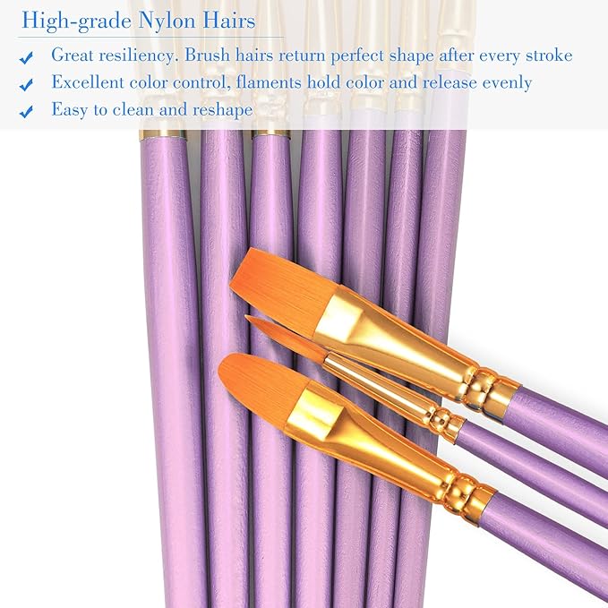 BOSOBO Paint Brushes Set, 10 Pack 100 Pcs Round Pointed Tip Paintbrushes Nylon Hair Artist Acrylic Paint Brushes for Acrylic Oil Watercolor, Face Nail Art, Miniature Detailing & Rock Painting, Purple