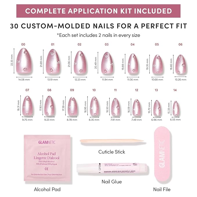 Valentines Day Glamnetic Press On Nails - Pearl Me Softly | Short Almond Fake Nails in a Soft Pastel Pink Hue with Girly 3D Pearls and a Velvet Finish | 15 Sizes - 30 Nail Kit with Glue