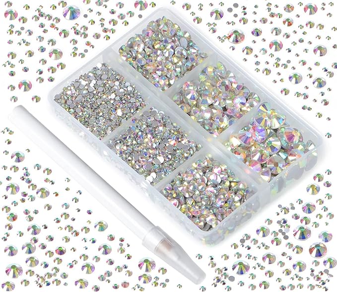 Bymitel 5000 Pieces 6 Mixed Sizes Glue Fix on Glass Rhinestones Round Crystal Gems Flatback for DIY Jewelry Making with one Picking Pen (6-Sizes 5000PCS, Crystal AB)