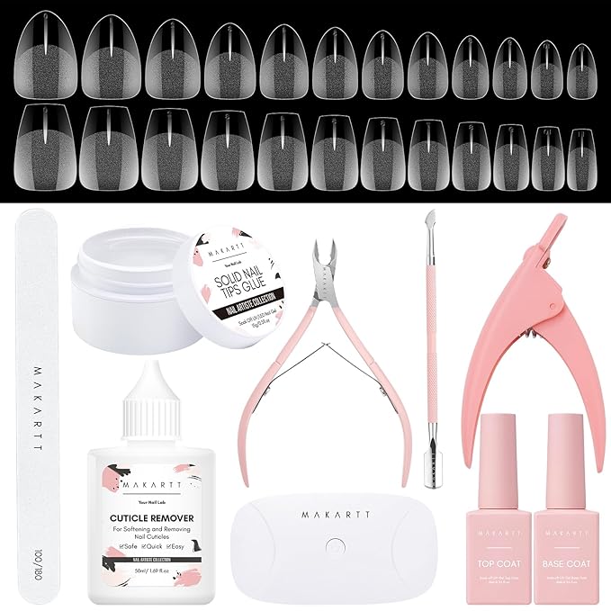 Makartt Nail Glue and Tips Kit: 15ML Solid Gel with Almond & Coffin Pre-Buffed Fake Nails, Portable UV Lamp, Base and Top Coat, Nipper, Cuticle Remover and File for DIY Art Manicure