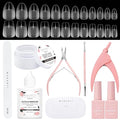 Makartt Nail Glue and Tips Kit: 15ML Solid Gel with Almond & Coffin Pre-Buffed Fake Nails, Portable UV Lamp, Base and Top Coat, Nipper, Cuticle Remover and File for DIY Art Manicure