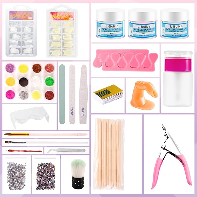 Acrylic Nail Kit for Beginners with Everything Professional, 12 Glitter Powder Nail Kit Acrylic Set, Nail Care Art Design Tip Brush Clipper File Supplie, DIY Tool