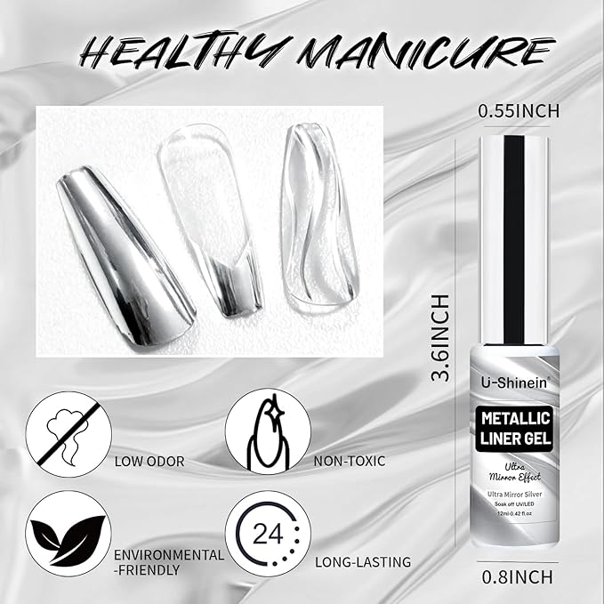 12ml Metallic Painting Gel Liner Nail Art 3D Mirror Chrome Effect Nail Polish Metal Painted Drawing Build in Thin Brush Soak Off UV/LED Ultra Mirror Silver Gel for Nail Art Manicure