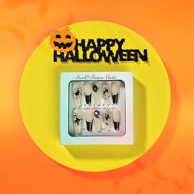 Sun&Beam Nails Handmade Press-on Long Coffin Ballerina Beige Black Halloween Spider Design False Nail Tips 10 Pcs (#133 S)