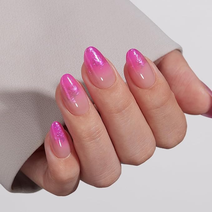 VSALON Almond Short Press On Nails, Hot Pink Aurora Ombre Light Curable Sheer Jelly Finish False Nails, Reusable Gel Glue on Nails Kit with Glue - 32 pcs in 16 Sizes