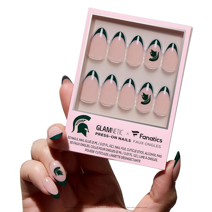 Glamnetic x Fanatics Press On Nails - Michigan State Spartans | Short Almond Fake Nails, Collegiate Spartans Green French Tips, College Nails, Salon-Quality | 15 Sizes - 30 Nail Kit with Glue