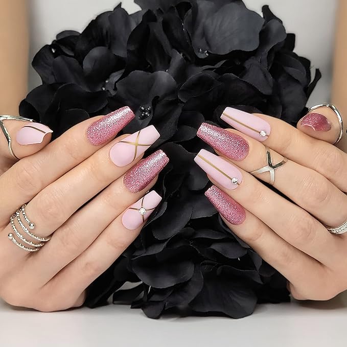 Hypnaughty 24 Pcs Pink Fantasy Matte and Glitter Design with Rhinestones Luxury Coffin Press on Nails with Glue Medium Long Reusable False Nails (Pink Fantasy)