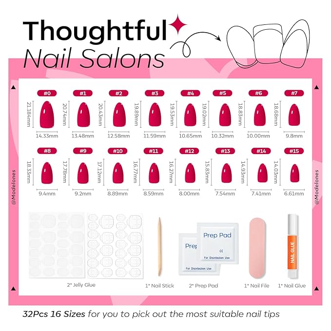 Modelones Press on Nails Almond, Raspberry Spring Short Fake Nails, Reusable Nail Kit with Nail Glue Adhesive Tabs Mini Nail File, Nails Press Ons 32Pcs 16 Sizes, Women Girl Gift ﻿