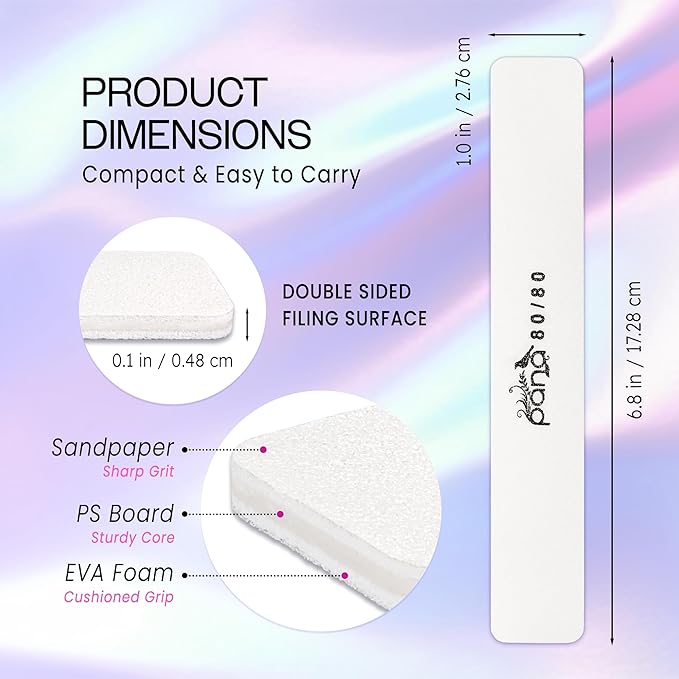 10pcs - PANA Jumbo Double-Sided Emery Nail File for Manicure, Pedicure, Natural, and Acrylic Nails - White (Grit 80/80)