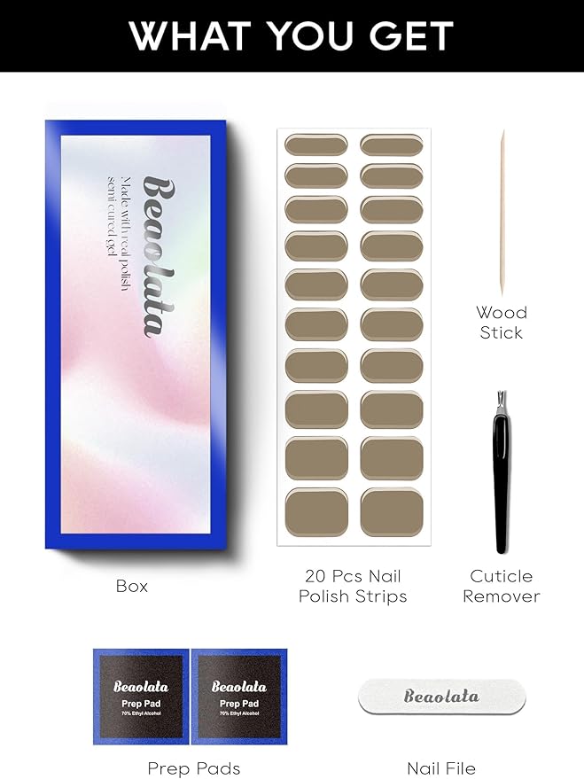 Semi Cured Gel Nail Strips - UV Light Gel Nail Stickers - 20 Long Lasting Salon Quality Wraps (Mocha Grey)
