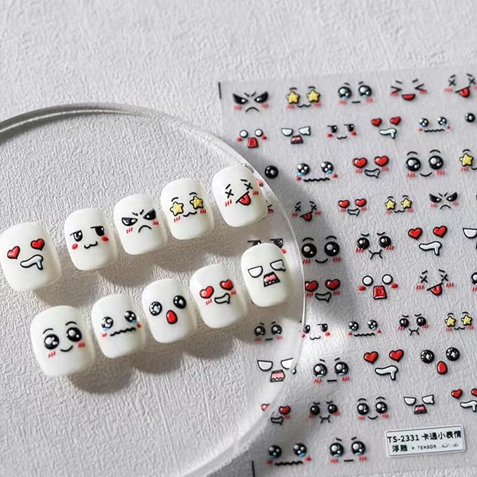 Dedyel Smile Nail Art Stickers Cute Nail Stickers Cartoon Nail Stickers 5D Embossed Smile Face Nail Stickers Kawaii Self-Adhesive Nail Stickers for Women Girls Kids Nail Art Decoration