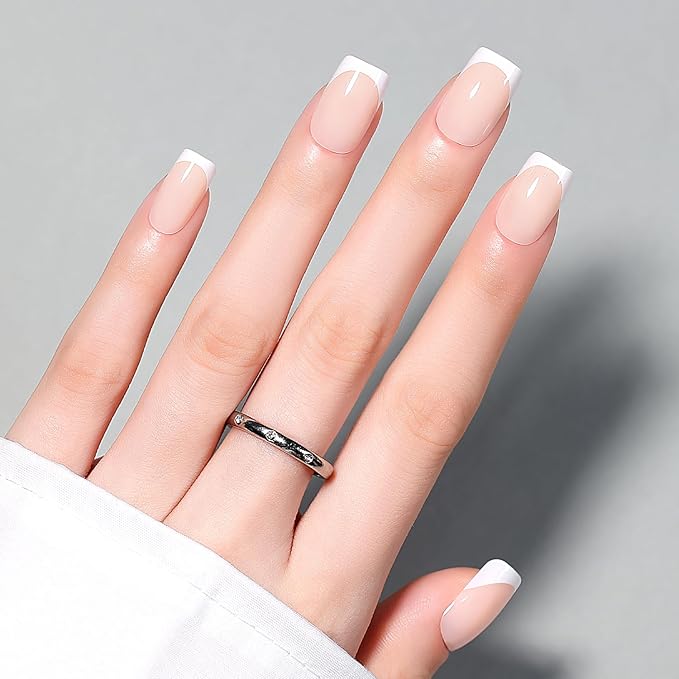 Luxbon Square Press On Nails with No-Cure Nail Glue and Tool Kit – French Manicure Glue On Nails 30-32pcs Full Size Set, Reusable Fake Nails for Women, Salon Look at Home, White