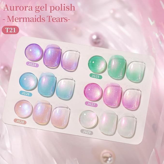 Born Pretty Pearl Gel Nail Polish Set 6 Colors Spring Summer Aurora Iridescent Shimmer Pearl Pink Purple White Mermaid Nail Drawing Gel Polish Shell Aurora Effect Nail Gels DIY Gift
