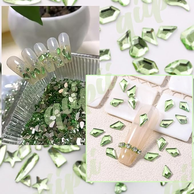2052Pcs Light Green Nail Rhinestones Grass Green Nail Charms Multi Shapes Crystal Flatback Rhinestones Gems Round Beads Glass Stones Diamonds Jewels Art for Nails Faces Eyes Makeup DIY Crafts