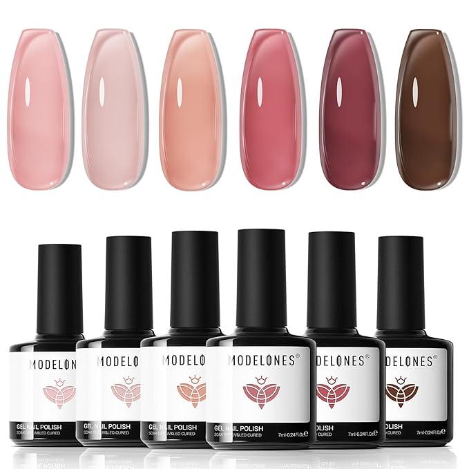 modelones Gel Nail Polish Set 6 Colors Nude Red Pink Brown Transparent Gel Polish Kit Neutral Clear Crystal Translucent Manicure Sheer Nails Art Trend Home DIY Manicure Gift For Women Girl