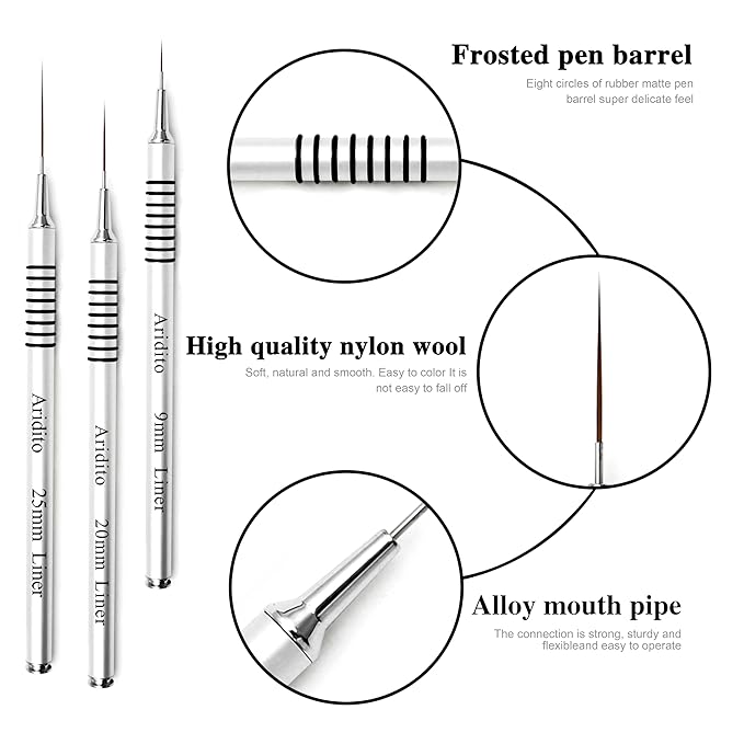 6Pcs Silver Metal Handle Nail Art Liner Brushes Set for Long Lines, Fine Details Painting Gel Nail Brush Drawing Sizes 5/7/9/11/20/25mm
