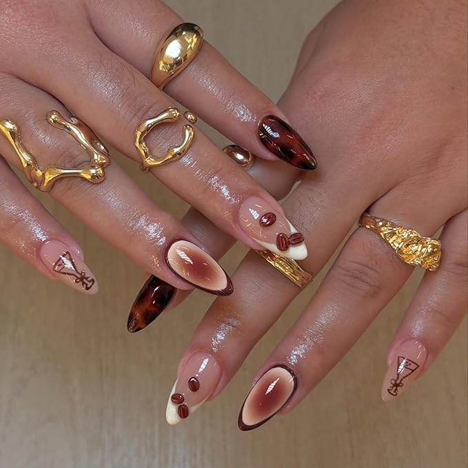Press on Nails Medium Almond 24Pcs Brown French Tip False Nails with Coffee Beans Goblet Designs Full Cover Glossy Glue on Nails Stick on Nails for Women Girls