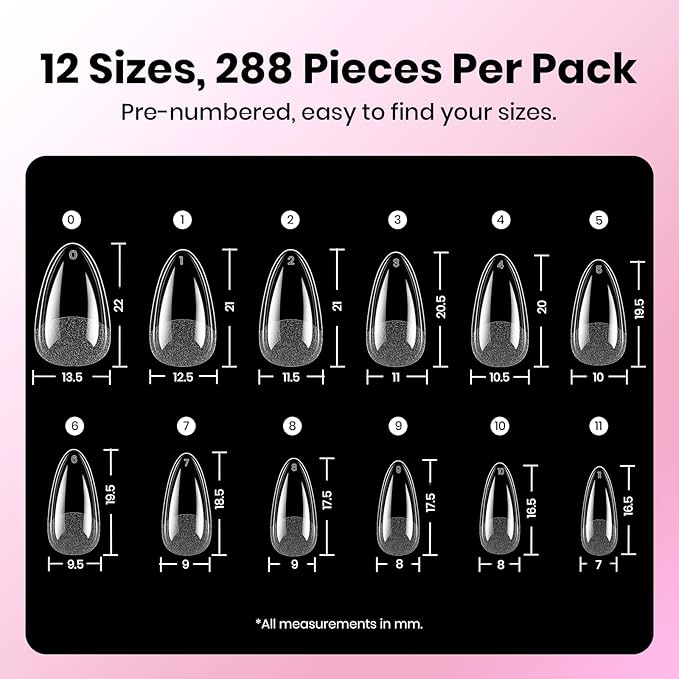 Beetles Gel Nail Kit Etch-X, Almond Short, 288pcs 12 Sizes Nail tips, 3Pcs 15ml HEMA-Free Nail Glue Top Coat & Base Gel Set, for Acrylic and Clear Press On Nail, Long Lasting Extension DIY Set at Home