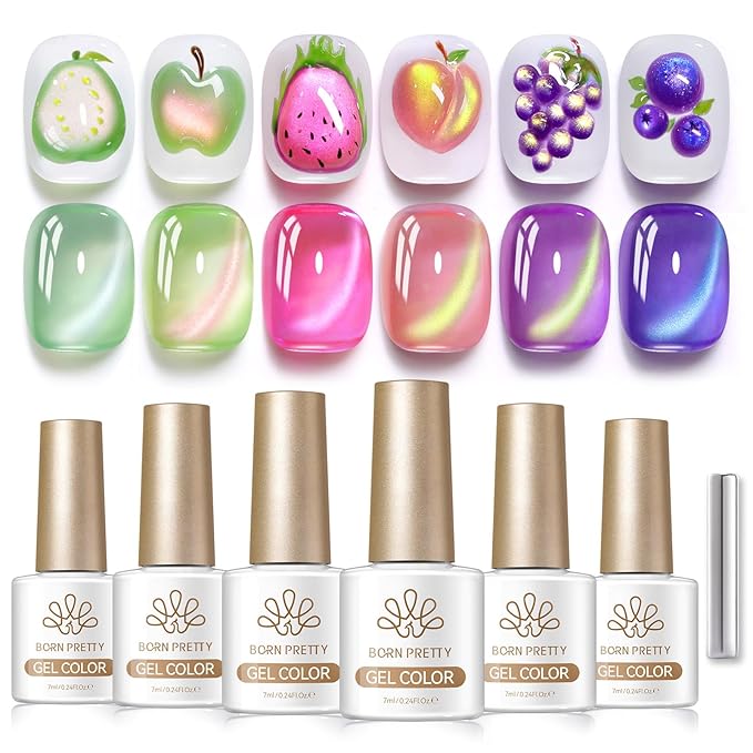 Born Pretty Fruit Colors Cat Magnetic Eye Gel Nail Polish Set,6 Colors Spring Summer Rose Pink Green Grape Purple Crystal Glass Magnetic Shimmer Glitter Gel Polish for Salon Manicure DIY 7ML