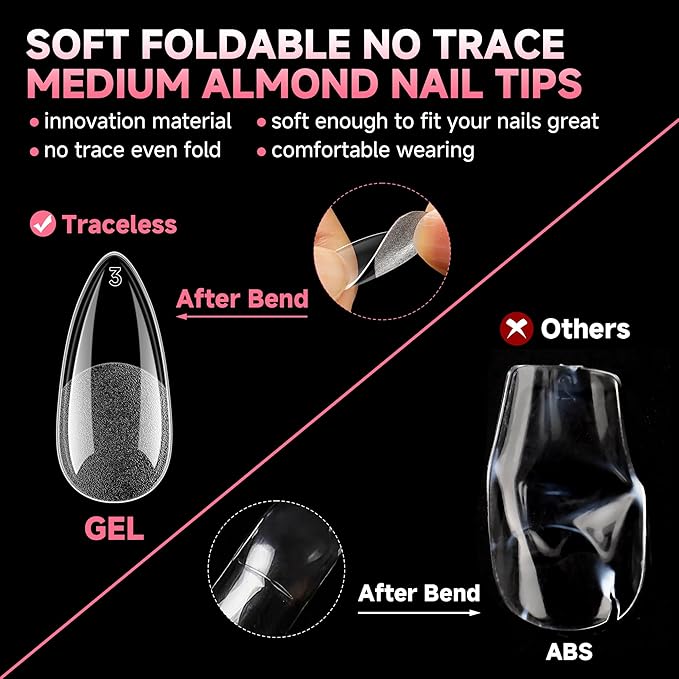UNA GELLA Medium Almond Nail Tips, 12 Sizes Gel Nail Tips Almond Shape, 120Pcs Pre-file Soft Gel Nails Tips Clear Acrylic Fake Nails Full Cover Nails Tips for Nail Extensions DIY Salon Long Lasting