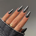 Chrome Press On Nails Almond, Metallic Black Sliver Mirrored Glue on Nails Medium Press Ons, Acrylic Natural Fit Stick on Nails in 12 Sizes - 24Pcs Fake Nail Kit for Women Daily & Party Wear