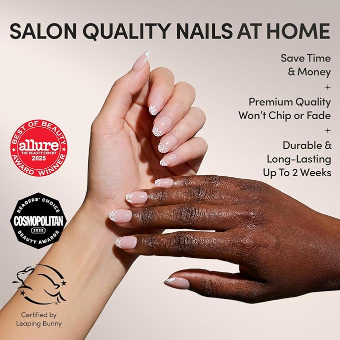 Valentines Day Glamnetic Press On Nails - Love Preserved | Short Oval Fake Nails in Semi-Transparent Base with White Floral Tips in a Glossy Finish | 15 Sizes - 30 Nail Kit with Glue