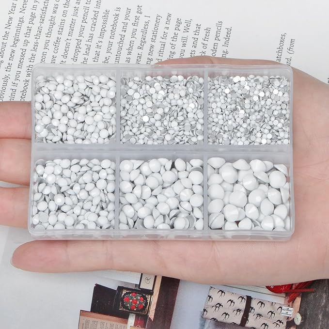 AD Beads 4300 Pieces Flat Back Nail Art Rhinestones Round Beads 6 Sizes (2-6.5mm) with Storage Organizer Box,Rhinestones Picking Pen for Nail Art Phone Decorations Crafts DIY (Chalk White)