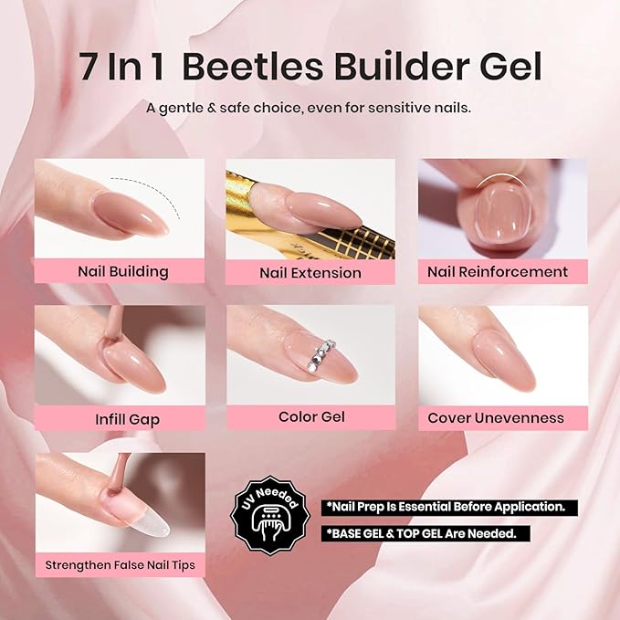 Beetles Builder Gel for Nails, 7 in 1 Builder Fall Nails Gel Color Nude Brown for Nails Extension & Building Apex Strengthen Thin Nails DIY Salon at Home Nail Art UV & LED Lamp Needed Gift for Women