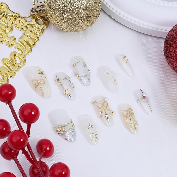 10Pcs Christmas Handmade Press on Nails Medium Almond Fake Nails White Flower False Nails with Gold Bow Snowflake Rhinestones Design Full Cover Artificial Glue on Nails Winter Stick on Nail for Women
